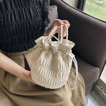 Женская сумка для подмышек в форме ведра, мягкие и милые сумки через плечо, плиссированные сумки на шнурке из искусственной кожи, однотонные повседневные простые