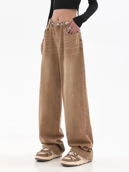 Женские джинсы Коричневые джинсовые брюки С высокой талией, Широкие Прямые Брюки, Свободная Винтажная Уличная Одежда В Корейском стиле, Осенняя Повседневная мода 2022 года