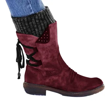 Женские зимние теплые зимние ботинки со шнуровкой сзади, модные повседневные винтажные ботинки до середины икры в стиле ретро, обувь на толстом каблуке со шнуровкой
