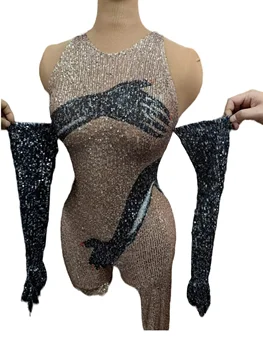 Женские комбинезоны с блестками, блестящие с перчатками, дизайн на одной ноге, черные перчатки, костюм танцовщицы ночного бара, костюм сексуальной королевы Гого