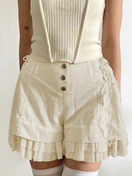 Женские шорты-карго Y2K с высокой талией, завязывающиеся сбоку, многослойные короткие брюки на пуговицах, винтажная уличная одежда в стиле харадзюку