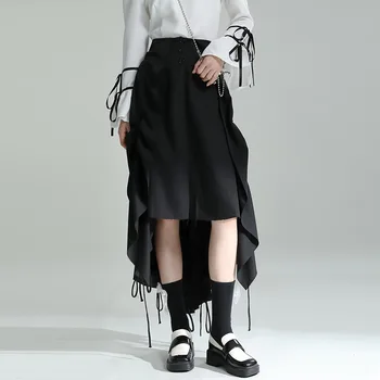 Женские юбки 2023 Лето, нерегулярная темно-черная юбка, Женский летний дизайн, Темперамент, Облегающее платье с разрезом на шнурке