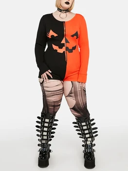 Женский комбинезон для Хэллоуина С длинным рукавом и круглым вырезом на молнии контрастного цвета, облегающее боди с гримасой, одежда для отдыха, пижамы