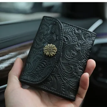 Женский кошелек из тисненой кожи в стиле ретро, маленькая сумка для карт, кошелек из воловьей кожи, мужская сумка для хранения водительских прав