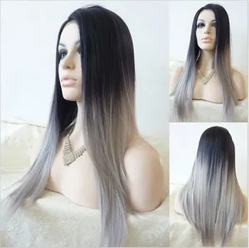 Женский омбре Длинный черный Смешанный серый прямой полный парик, термостойкие парики для косплея