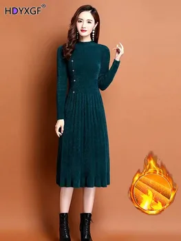 Женское мини-платье с длинным рукавом из искусственной норки, осень-зима, плотный теплый трикотаж, Vestidos, Винтажные повседневные платья на пуговицах 2024