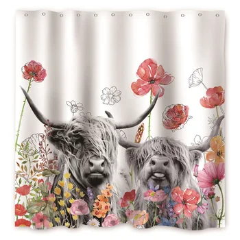 Занавеска для душа Highland Cow с крючками Забавный бык Cattle Bull Цветочный декор Шторы для обеих комнат в стиле кантри 180x180 см