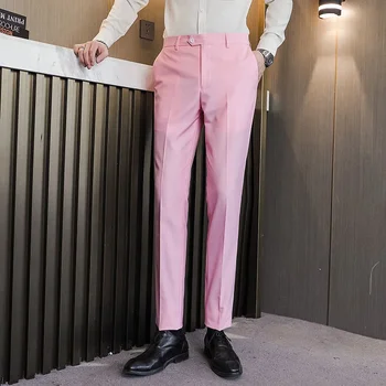 Зеленые однотонные брюки Весенние мужские брюки Роскошные Универсальные брюки British Pantalon Homme Slim Pant Men Розовые Фиолетовые красные
