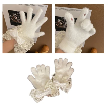 Зимние теплые перчатки с бантом Y2K, пушистые перчатки на весь палец с элегантным кружевом, утепленные в холодную погоду на открытом воздухе