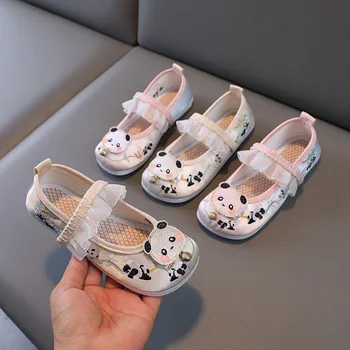 Китайская традиционная обувь для детей, модная одежда для девочек, новая танцевальная обувь Hanfu с вышивкой, тканевые туфли с рисунком панды, балетки принцессы