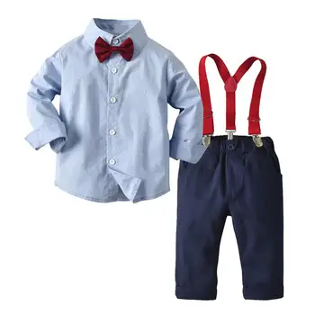 Комплекты одежды для джентльменов для мальчиков, осенние детские официальные костюмы, рубашка с длинными рукавами + брюки на подтяжках, повседневная одежда для мальчиков