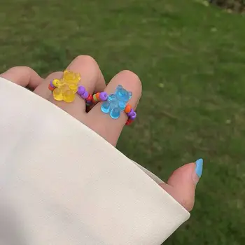 Корейский подарок для вечеринки Модный 2021 Новый Карамельный цвет, Геометрические Модные украшения, кольца из бисера, кольцо на палец Медведя