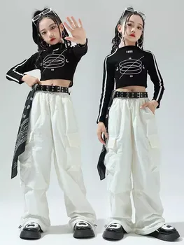 Костюм для джазовых танцев для девочек, детская одежда в стиле хип-хоп, черные укороченные топы, белые брюки-карго, одежда для современных танцев, рейв-наряд 11621