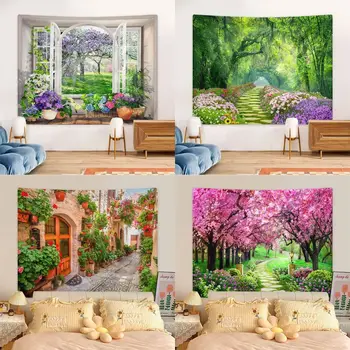 Красивые цветы, Гобелен, ткань, ковер, Художественный декор в общежитии, Полиэфирное пляжное полотенце для пикника, Окно, Гобелен с природными пейзажами