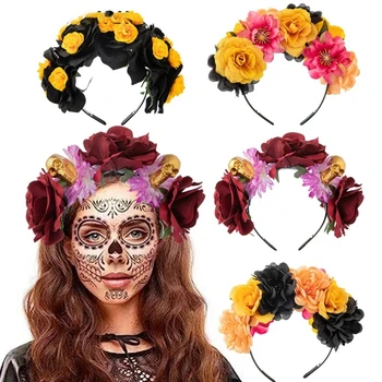 Красочная повязка на голову в форме цветка и Черепа, повязка для волос на Хэллоуин для горячей девушки, Украшение для волос