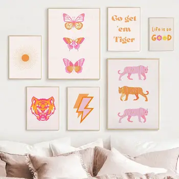 Красочные картины на холсте с бабочкой и тигром, Оранжево-розовые Опрятные плакаты, принты, эстетические настенные панно в стиле Бохо, декор спальни