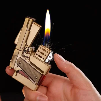 Креативная Металлическая Модель Пистолета Зажигалка С Прозрачным Газовым Окошком Шлифовальный Круг Зажигалка С Пламенем Бутановые Зажигалки Sturmfeuerzeug
