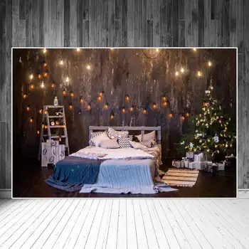 Лампочки, звезды, фонари, Деревянные Рождественские фоны для фотосъемки в спальне, Детские винтажные настенные часы-лестница, подарки, фоны для домашних фотографий
