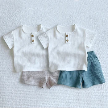 Летний комплект детской одежды для малышей, однотонный топ с короткими рукавами + шорты, одежда для мальчиков и девочек