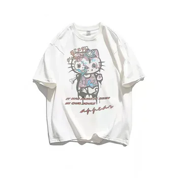 Летняя хлопковая футболка с забавным принтом Hello Kitty для девочек, детский свободный топ в стиле ins, индивидуальный топ с коротким рукавом