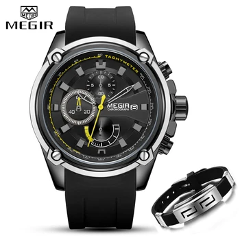 Лучший бренд MEGIR Часы Мужские Спортивные Деловые Хронограф Силиконовый ремешок Кварцевые Мужские часы + браслет Набор Мужские военные наручные часы
