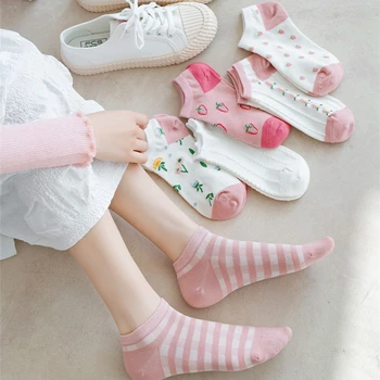 Милые розовые носки в цветочек, женские носки-лодочки с мультяшными фруктами и клубникой, повседневные весенне-летние спортивные носки, носки для школьников