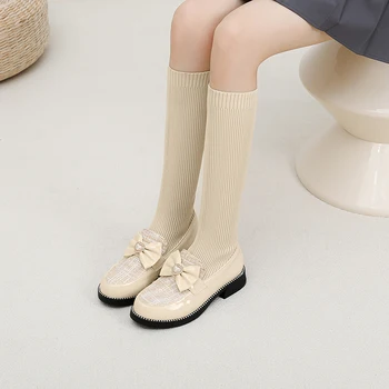 Милые сапоги-носочки до середины икры из эластичной ткани в стиле 