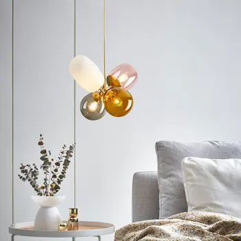 Минималистичная художественная люстра из 4 светодиодных шаров, красочный стеклянный шар, потолочный светильник для гостиной, подвесной светильник для спальни