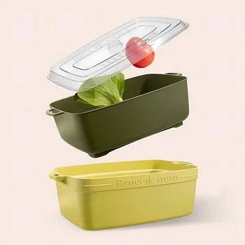 Многофункциональная корзина для фруктов и овощей, Двухслойная корзина для слива воды с крышкой, Дизайнерская корзина для овощей с выдалбливающейся ручкой