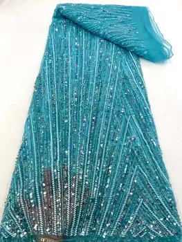 Модная Африканская тюлевая кружевная ткань с бисером 2023, Высококачественное кружево, 5 ярдов, Нигерийские кружевные ткани с пайетками для пошива вечерних платьев