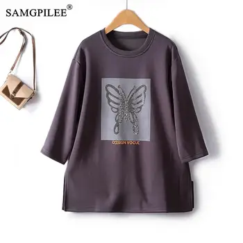 Модная Женская блузка 2023, Новая Осенняя Ретро-элегантная футболка Hot Diamond Butterfly, Европейская Воздушная Хлопковая Свободная Драпированная футболка для женщин 4XL