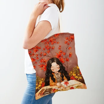 Модная сумка для покупок с милой мультяшной девушкой для женщин, сумки для покупок с двойным принтом, повседневная детская холщовая сумка-тоут для путешествий