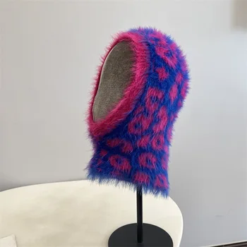 Модная шляпа, леопардовый фиолетовый пуловер из искусственной норки, женская зимняя уличная шапка от холодного ветра и снега.