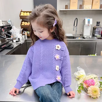 Модные осенне-зимние вязаные свитера для маленьких девочек, фиолетовые пуловеры с разрезом, украшенные цветами, толстовки, верхняя одежда для детей