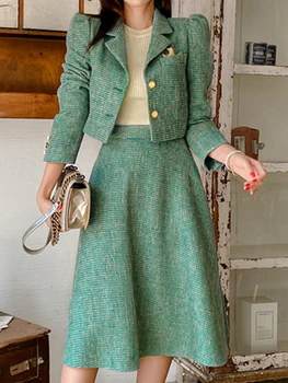 Модный офисный женский наряд, Винтажный короткий блейзер с длинным рукавом, женское пальто, пиджак, юбка Миди на молнии, Деловые комплекты из 2 предметов