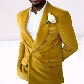 Мужская куртка, желтое пальто, цельный бархатный двубортный платок с лацканами, модный костюм обычной длины, индивидуальный костюм Homme
