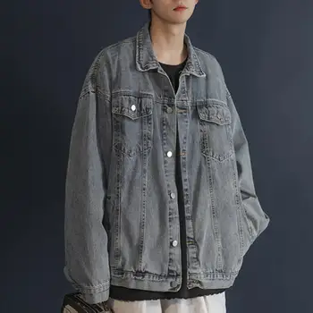 Мужская куртка из денима в стиле ретро Хип-хоп, Свободная однобортная с длинным рукавом и лацканами, с множеством карманов, повседневная уличная одежда, Плюс размер мужского пальто