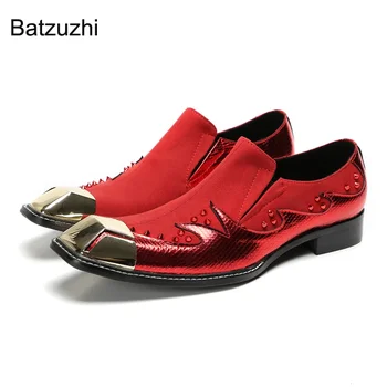 Мужская обувь итальянского типа Batzuzhi, слипоны, мужские модельные туфли из натуральной кожи с золотым металлическим носком, красные вечерние и свадебные туфли, мужские туфли