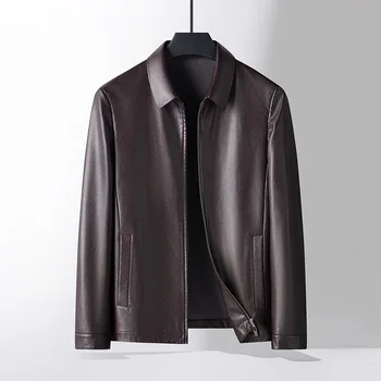 Мужская осенне-зимняя кожаная куртка с коротким воротником-поло 2023, модное универсальное пальто