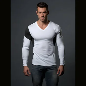 Мужская осенне-зимняя новинка 2023, модная повседневная футболка с V-образным вырезом, облегающая мужская футболка с длинным рукавом, подкладка