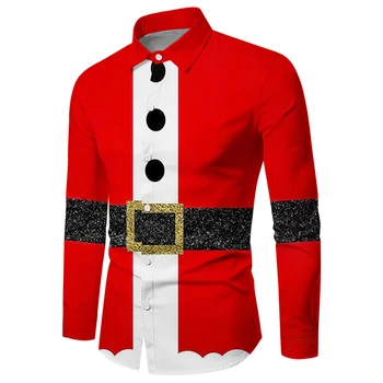 Мужская рубашка на пуговицах, Рождественская повседневная праздничная футболка с длинным рукавом, блузка, праздничная рубашка Санта-Клауса, Модная мужская одежда