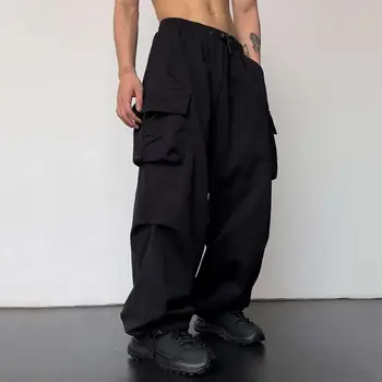 Мужские брюки-карго с множеством карманов, однотонные, стрейчевые, с высокой талией, с глубоким вырезом в промежности, уличные брюки в стиле хип-хоп для мужчин