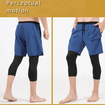 Мужские компрессионные брюки Спортивные Укороченные брюки 2 В 1, Быстросохнущие Эластичные колготки для бега, Дышащие брюки для бодибилдинга, тренажерного зала, фитнеса