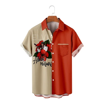Мужские повседневные рубашки с принтом Caartoon, оранжевые рубашки с коротким рукавом, крутые летние топы, винтажные дышащие