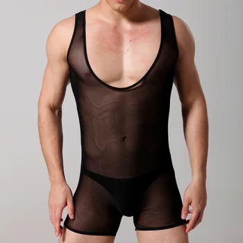 Мужские сексуальные облегающие костюмы Прозрачные сетчатые чулки для тела, комбинезон-боксер без рукавов, Прозрачные майки, прозрачное эротическое белье для геев