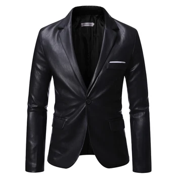 Мужской модный Приталенный черный Блейзер из искусственной кожи, классический пиджак с лацканами на одной пуговице, весенне-осенние топы