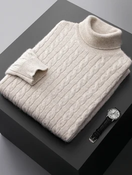 Мужской свитер из 100% чистого кашемира, вязаные топы с длинными рукавами и отложным воротником, толстый пуловер, теплая повседневная рубашка на зиму