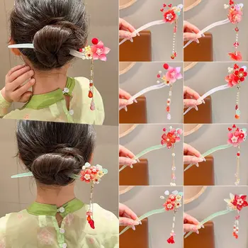 Набор заколок в китайском стиле с кисточками, ретро Цветок, жемчужина, палочка для волос Hanfu, женская палочка для еды из сплава