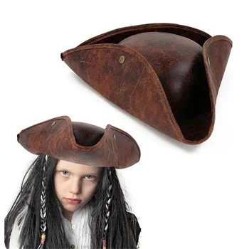 Новая коричневая потертая пиратская треуголка на Хэллоуин, маскарадная вечеринка, мужские и женские аксессуары для костюмов пиратов из искусственной кожи, головные уборы