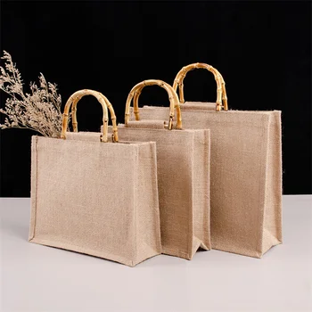 Новая портативная хозяйственная сумка из джута из мешковины, сумки с бамбуковыми петлевыми ручками, ретро-сумка 